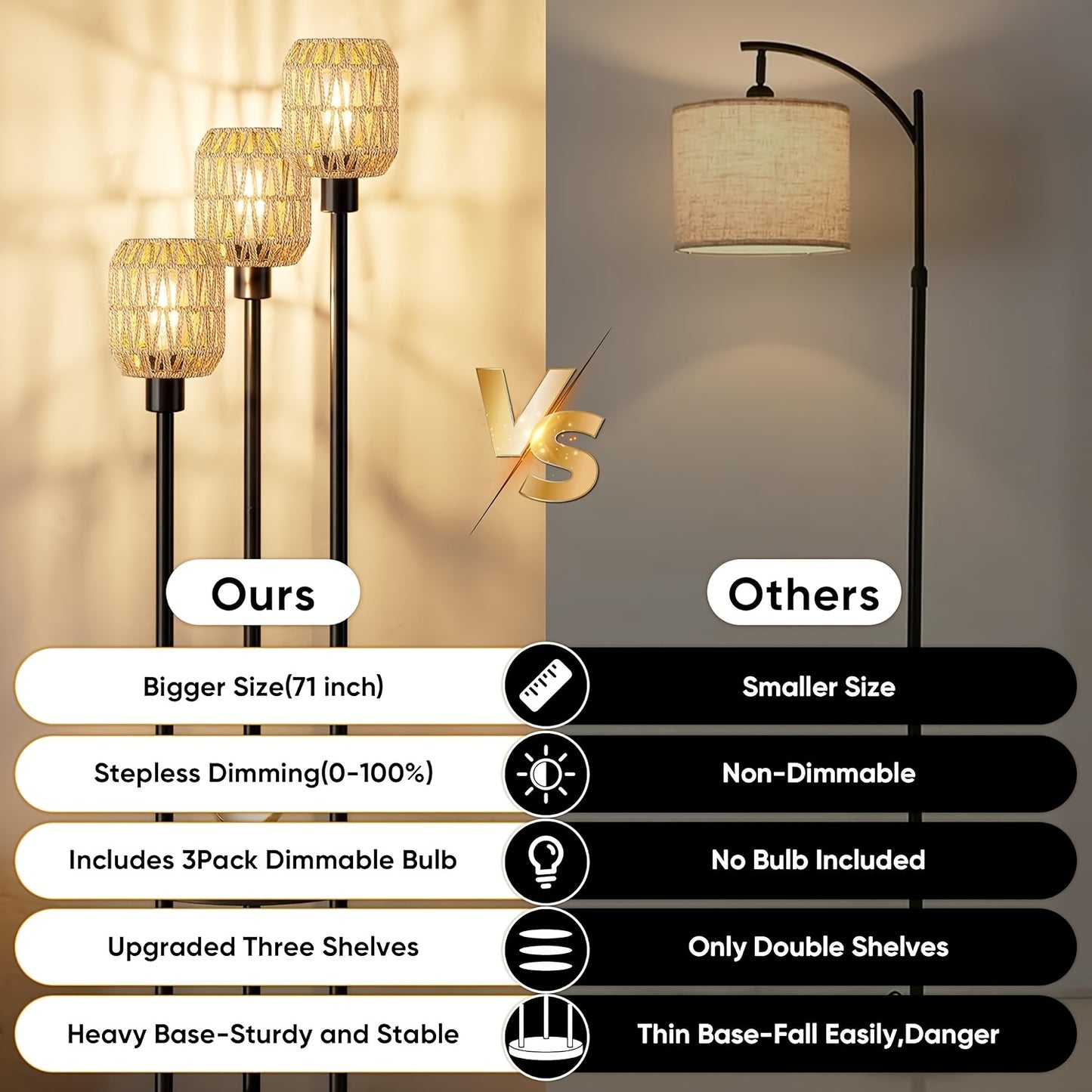 70" Boho Floor Lamp, Dimmable Rattan Floor Lamp with Shelves, 3 Lights Rustic Tall Lamps with Rotary Switch, Farmhouse Standing Lamps for Living Room, Bedroom, Office (Includes 3 Bulbs)