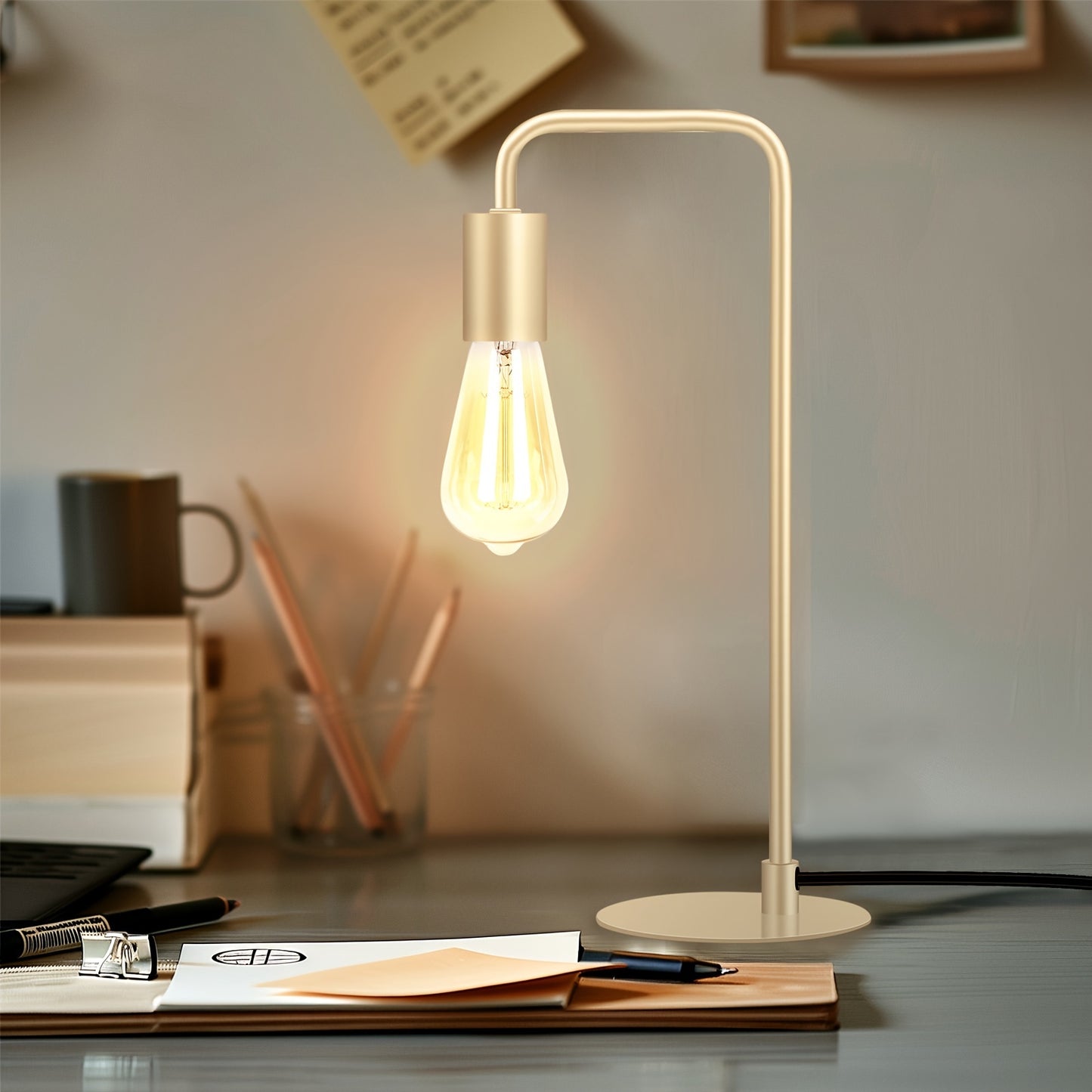 Modern Industrial Edison Bulb Compatible Bedside Lamp - Curved Tube Table Suitable for Bedroom, Living Room, Dorm - Metal Base, Compatible for Edison (Bulb Not Included)