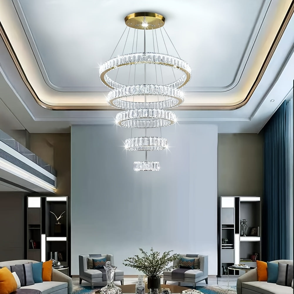 LED Luxury Large Crystal Chandelier, Modern Five Ring Chandelier With Adjustable Height Ceiling Light, Suitable For Bedrooms, Dining Rooms, And Kitchens