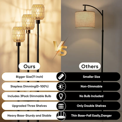 70" Boho Floor Lamp, Dimmable Rattan Floor Lamp with Shelves, 3 Lights Rustic Tall Lamps with Rotary Switch, Farmhouse Standing Lamps for Living Room, Bedroom, Office (Includes 3 Bulbs)