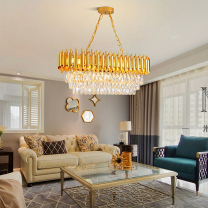 Modern Crystal Chandeliers for Dining Room 8-Light Golden Crystal Chandelier Living Room Oval Contemporary Ceiling Hanging Light Pendant Light Fixture for Kitchen Island Bar Restaurant L32in