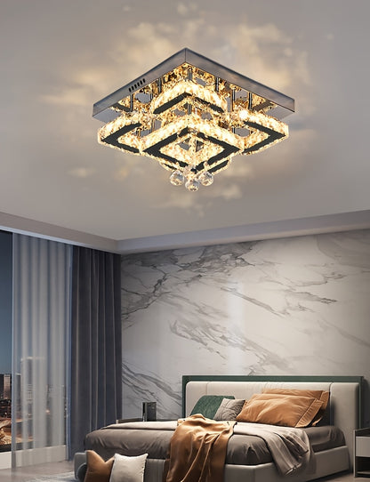 Modern Light Luxury Crystal Ceiling Lamp with a Square/Flower Shape, Featuring LED Three-Color Dimming, Suitable for Bedrooms, Living Rooms, Dining Rooms, Studies, Walk-In Closets, And Hallways. It Is Adaptable for Various In