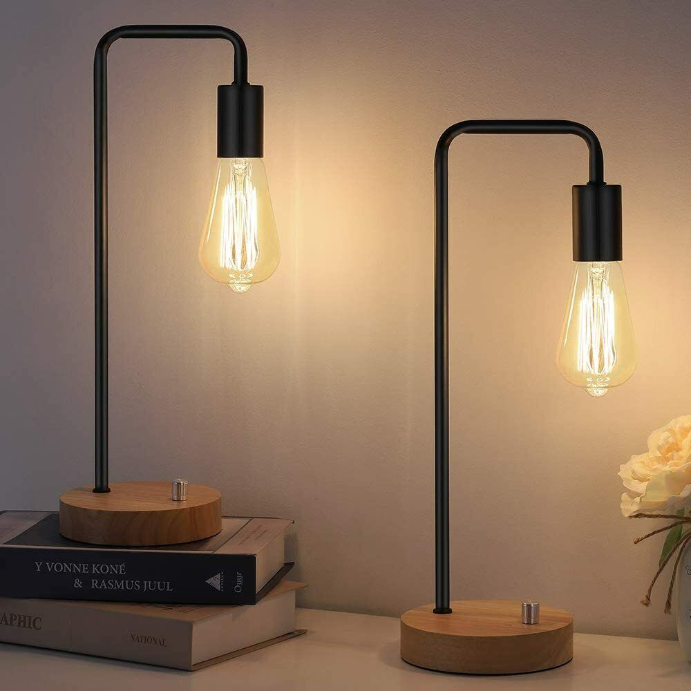 Set of 2 Edison Table Lamp, Industrial Bedside Lamps, Wood Desk Lamp Pairs for nightstand Dressers Coffee Table Study Desk in Bedroom, Guest Room