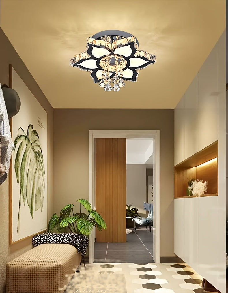 Modern Light Luxury Crystal Ceiling Lamp with a Square/Flower Shape, Featuring LED Three-Color Dimming, Suitable for Bedrooms, Living Rooms, Dining Rooms, Studies, Walk-In Closets, And Hallways. It Is Adaptable for Various In