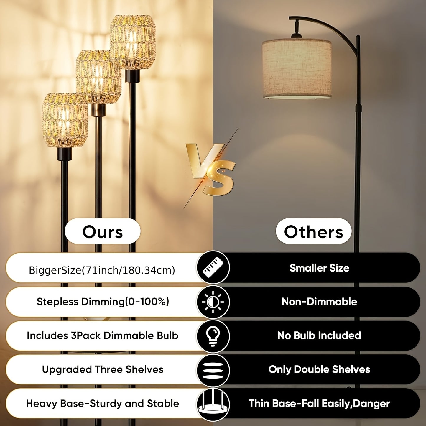 70" Boho Floor Lamp, Dimmable Rattan Floor Lamp with Shelves, 3 Lights Rustic Tall Lamps with Rotary Switch, Farmhouse Standing Lamps for Living Room, Bedroom, Office (Includes 3 Bulbs)