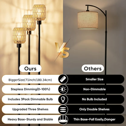 70" Boho Floor Lamp, Dimmable Rattan Floor Lamp with Shelves, 3 Lights Rustic Tall Lamps with Rotary Switch, Farmhouse Standing Lamps for Living Room, Bedroom, Office (Includes 3 Bulbs)