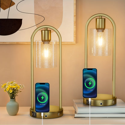2 - Pack Modern Table Lamp With USB Charging Ports, Golden/Black Touch Control Bedside Lamp(Wireless Charging Is Not Included), Industrial - Style Table Lamp With Water Drop Glass Shade, Perfect For Bedroom, Living Room, Offi