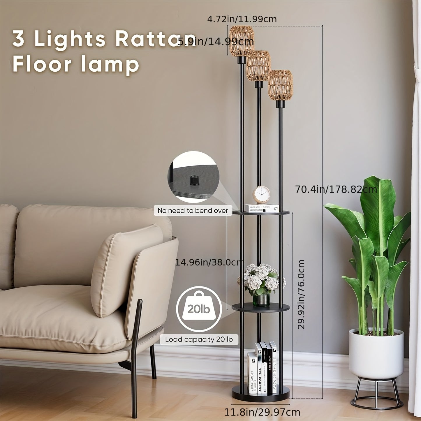 70" Boho Floor Lamp, Dimmable Rattan Floor Lamp with Shelves, 3 Lights Rustic Tall Lamps with Rotary Switch, Farmhouse Standing Lamps for Living Room, Bedroom, Office (Includes 3 Bulbs)