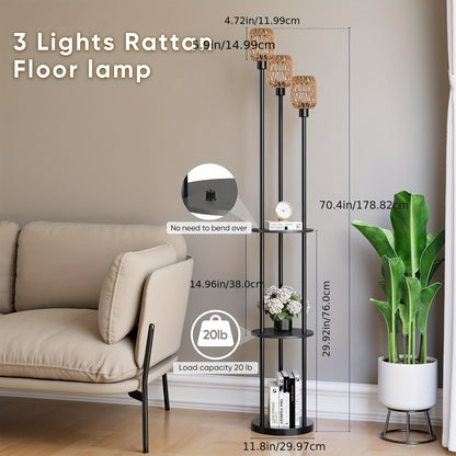 70" Boho Floor Lamp, Dimmable Rattan Floor Lamp with Shelves, 3 Lights Rustic Tall Lamps with Rotary Switch, Farmhouse Standing Lamps for Living Room, Bedroom, Office (Includes 3 Bulbs)