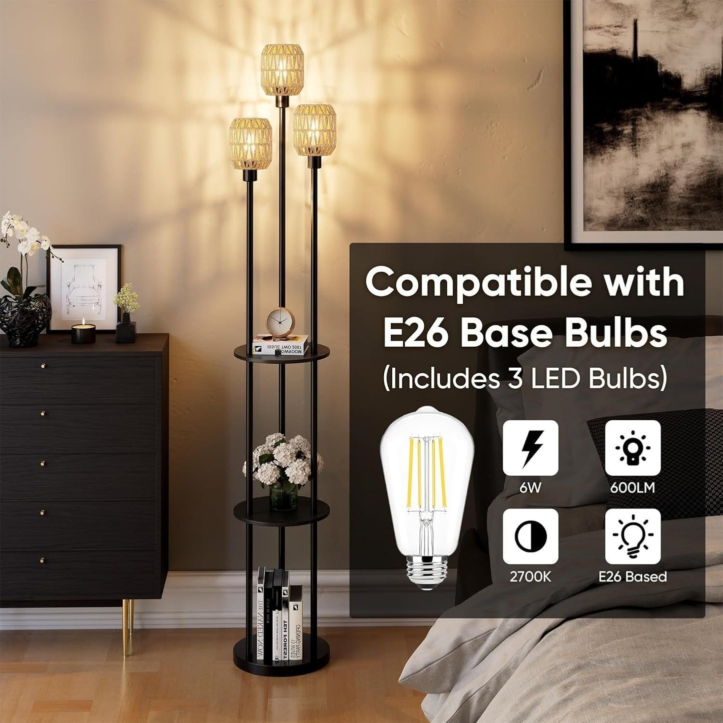 70" Boho Floor Lamp, Dimmable Rattan Floor Lamp with Shelves, 3 Lights Rustic Tall Lamps with Rotary Switch, Farmhouse Standing Lamps for Living Room, Bedroom, Office (Includes 3 Bulbs)