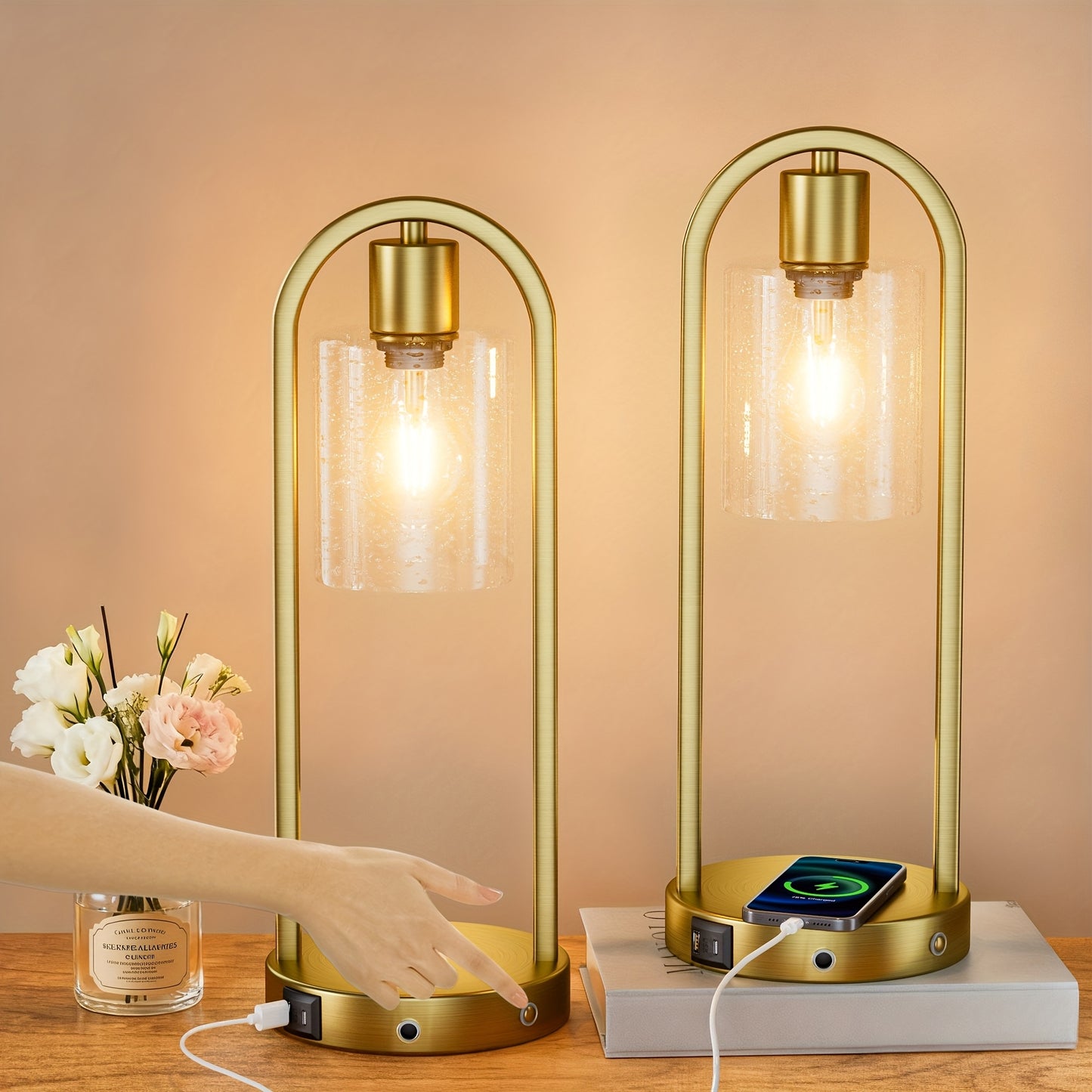 2 - Pack Modern Table Lamp With USB Charging Ports, Golden/Black Touch Control Bedside Lamp(Wireless Charging Is Not Included), Industrial - Style Table Lamp With Water Drop Glass Shade, Perfect For Bedroom, Living Room, Offi