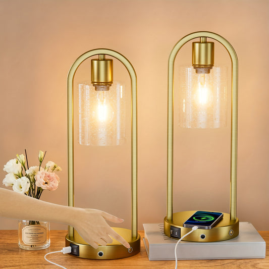 2 - Pack Modern Table Lamp With USB Charging Ports, Golden/Black Touch Control Bedside Lamp(Wireless Charging Is Not Included), Industrial - Style Table Lamp With Water Drop Glass Shade, Perfect For Bedroom, Living Room, Offi