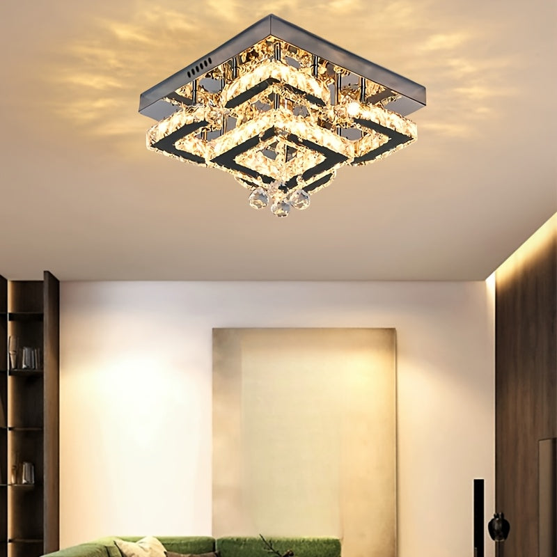 Modern Light Luxury Crystal Ceiling Lamp with a Square/Flower Shape, Featuring LED Three-Color Dimming, Suitable for Bedrooms, Living Rooms, Dining Rooms, Studies, Walk-In Closets, And Hallways. It Is Adaptable for Various In