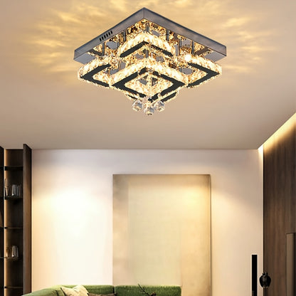 Modern Light Luxury Crystal Ceiling Lamp with a Square/Flower Shape, Featuring LED Three-Color Dimming, Suitable for Bedrooms, Living Rooms, Dining Rooms, Studies, Walk-In Closets, And Hallways. It Is Adaptable for Various In
