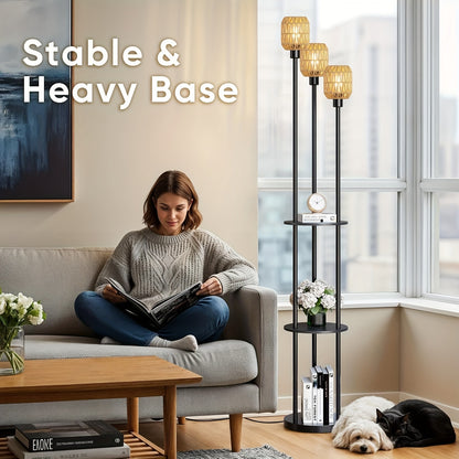 70" Boho Floor Lamp, Dimmable Rattan Floor Lamp with Shelves, 3 Lights Rustic Tall Lamps with Rotary Switch, Farmhouse Standing Lamps for Living Room, Bedroom, Office (Includes 3 Bulbs)