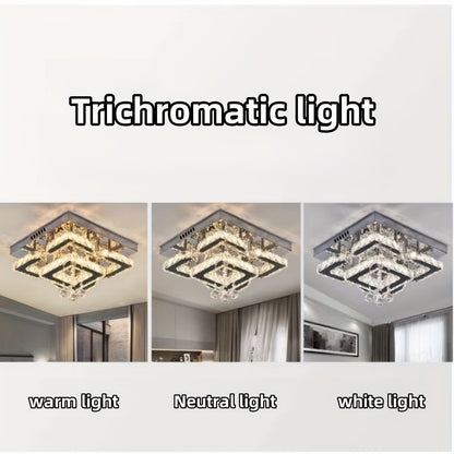 Modern Light Luxury Crystal Ceiling Lamp with a Square/Flower Shape, Featuring LED Three-Color Dimming, Suitable for Bedrooms, Living Rooms, Dining Rooms, Studies, Walk-In Closets, And Hallways. It Is Adaptable for Various In