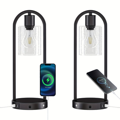 2 - Pack Modern Table Lamp With USB Charging Ports, Golden/Black Touch Control Bedside Lamp(Wireless Charging Is Not Included), Industrial - Style Table Lamp With Water Drop Glass Shade, Perfect For Bedroom, Living Room, Offi