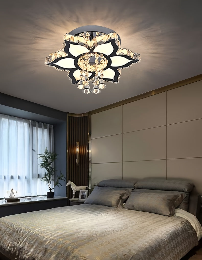 Modern Light Luxury Crystal Ceiling Lamp with a Square/Flower Shape, Featuring LED Three-Color Dimming, Suitable for Bedrooms, Living Rooms, Dining Rooms, Studies, Walk-In Closets, And Hallways. It Is Adaptable for Various In