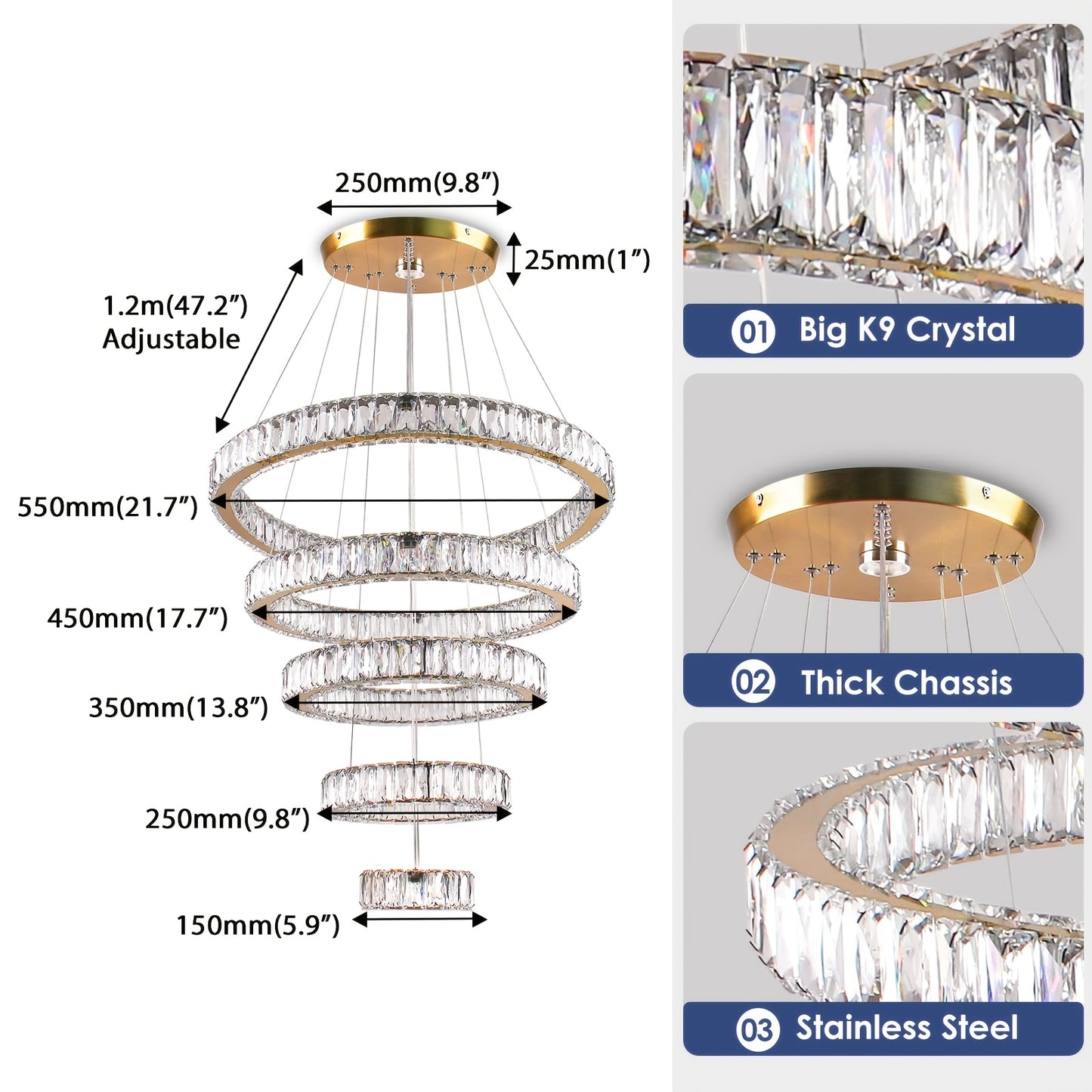 LED Luxury Large Crystal Chandelier, Modern Five Ring Chandelier With Adjustable Height Ceiling Light, Suitable For Bedrooms, Dining Rooms, And Kitchens