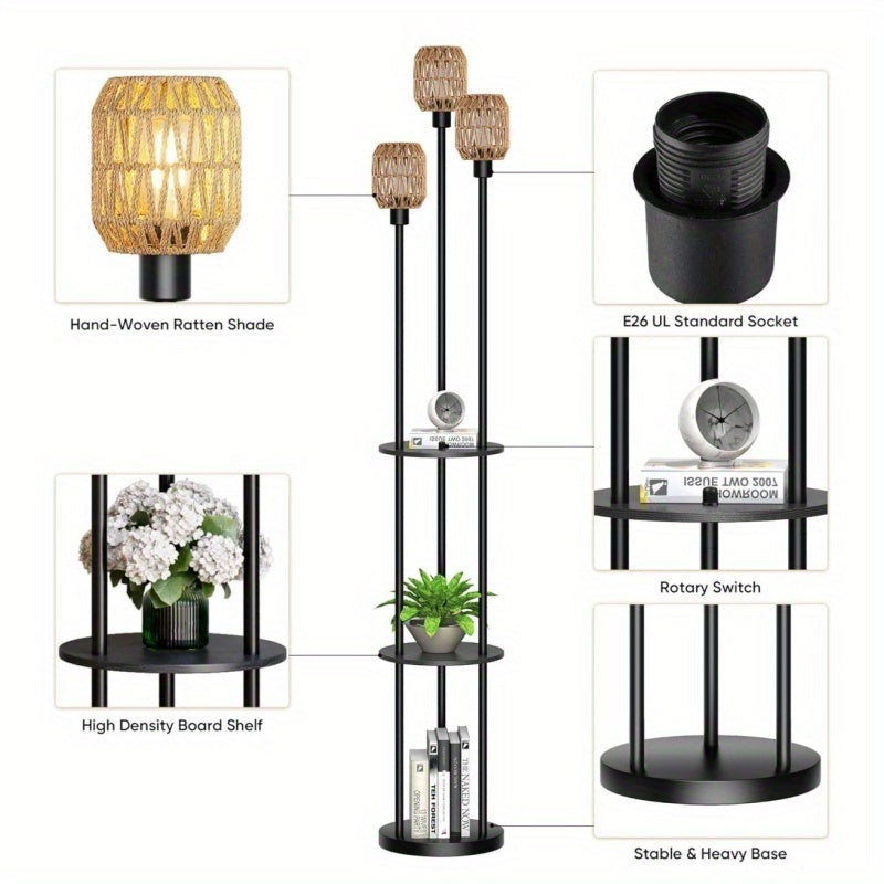 70" Boho Floor Lamp, Dimmable Rattan Floor Lamp with Shelves, 3 Lights Rustic Tall Lamps with Rotary Switch, Farmhouse Standing Lamps for Living Room, Bedroom, Office (Includes 3 Bulbs)