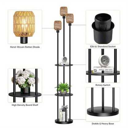 70" Boho Floor Lamp, Dimmable Rattan Floor Lamp with Shelves, 3 Lights Rustic Tall Lamps with Rotary Switch, Farmhouse Standing Lamps for Living Room, Bedroom, Office (Includes 3 Bulbs)