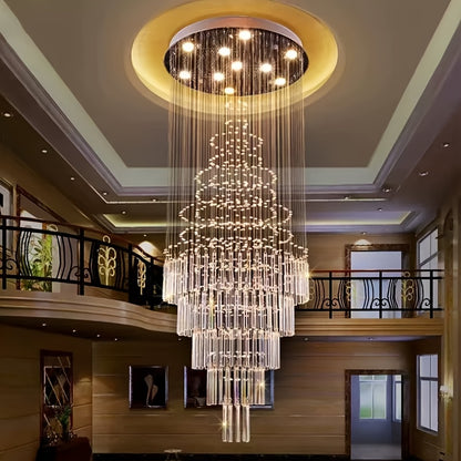 31.5" Modern Crystal Chandelier with Cascading Layers - Large Statement Light Fixture for High Ceiling Living Room, Dining Room, Luxury Home - Cool White & Golden/Black Crystal Design, Semi-Recessed Installation, Bulbs Includ