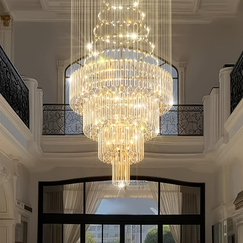 31.5" Modern Crystal Chandelier with Cascading Layers - Large Statement Light Fixture for High Ceiling Living Room, Dining Room, Luxury Home - Cool White & Golden/Black Crystal Design, Semi-Recessed Installation, Bulbs Includ