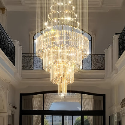 31.5" Modern Crystal Chandelier with Cascading Layers - Large Statement Light Fixture for High Ceiling Living Room, Dining Room, Luxury Home - Cool White & Golden/Black Crystal Design, Semi-Recessed Installation, Bulbs Includ