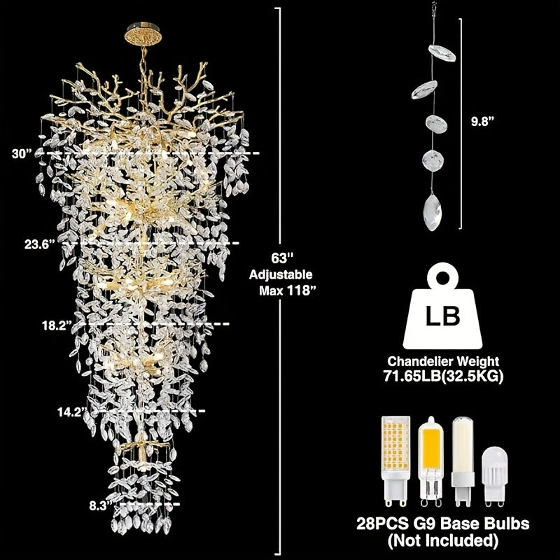 118 Inch Crystal Chandelier, Suitable For High Ceilings, Silvery And Golden Branch Chandeliers, Modern Large Chandeliers, Staircase Decoration, Lobby Decoration, Entrance And Living Room Decoration, 28 Lamp Luxury Chandelier