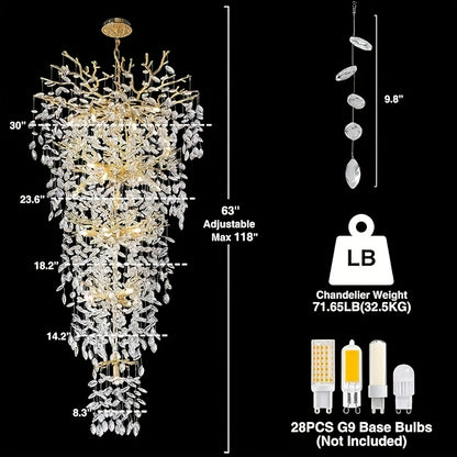 118 Inch Crystal Chandelier, Suitable For High Ceilings, Silvery And Golden Branch Chandeliers, Modern Large Chandeliers, Staircase Decoration, Lobby Decoration, Entrance And Living Room Decoration, 28 Lamp Luxury Chandelier