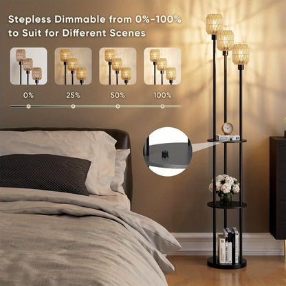 70" Boho Floor Lamp, Dimmable Rattan Floor Lamp with Shelves, 3 Lights Rustic Tall Lamps with Rotary Switch, Farmhouse Standing Lamps for Living Room, Bedroom, Office (Includes 3 Bulbs)