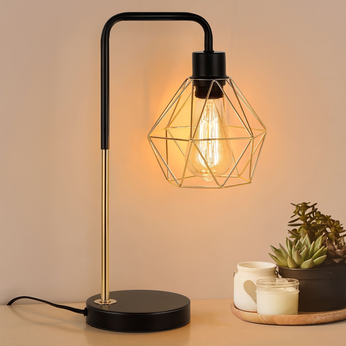 Industrial Golden Bedside Desk Lamps With Metal Diamond Shape Lampshade, Coffee Table Study Desk, Vintage Table Lamp Reading Lamp For Office Desk Master Bedroom Living Room And College Dorm