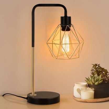 Industrial Golden Bedside Desk Lamps With Metal Diamond Shape Lampshade, Coffee Table Study Desk, Vintage Table Lamp Reading Lamp For Office Desk Master Bedroom Living Room And College Dorm