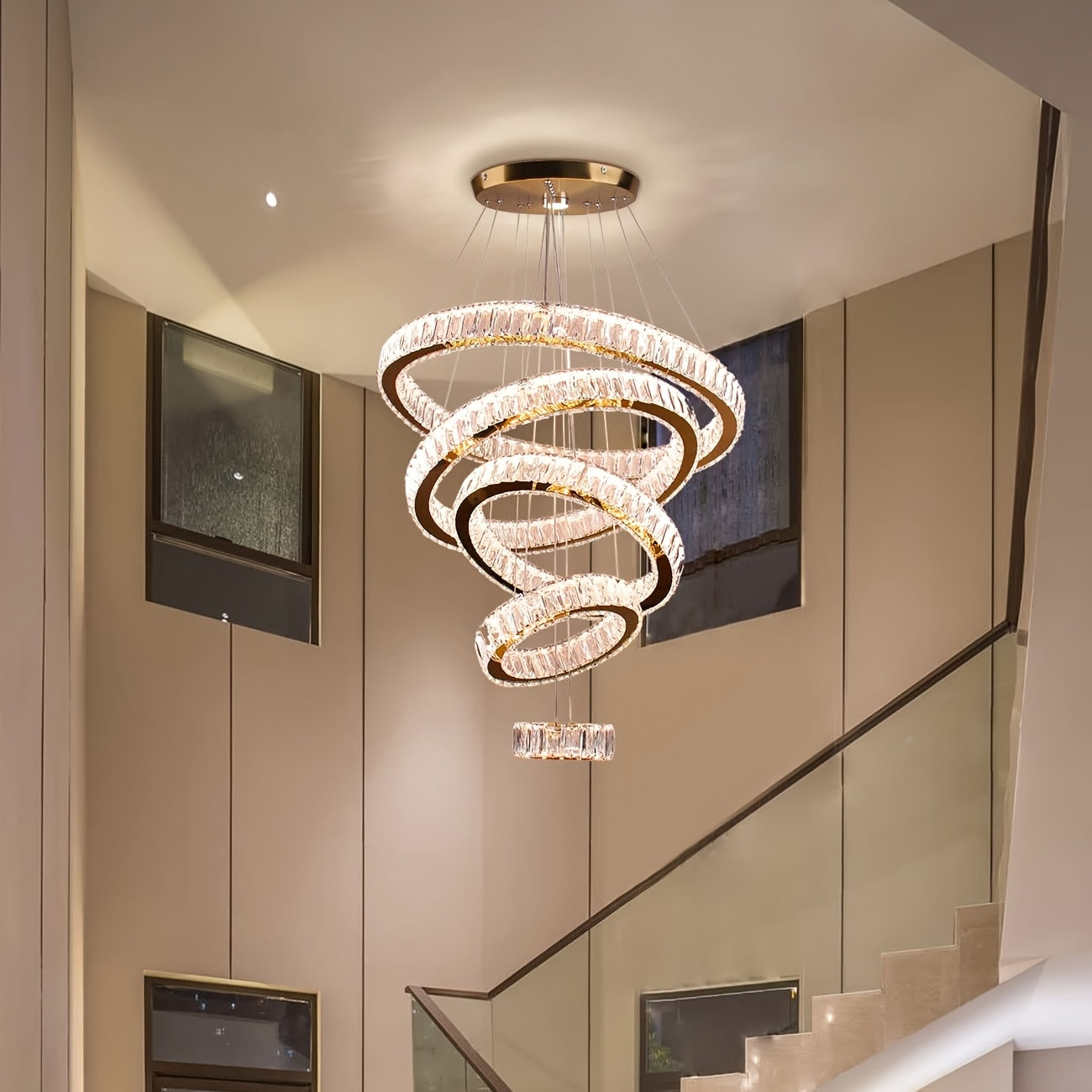 LED Luxury Large Crystal Chandelier, Modern Five Ring Chandelier With Adjustable Height Ceiling Light, Suitable For Bedrooms, Dining Rooms, And Kitchens