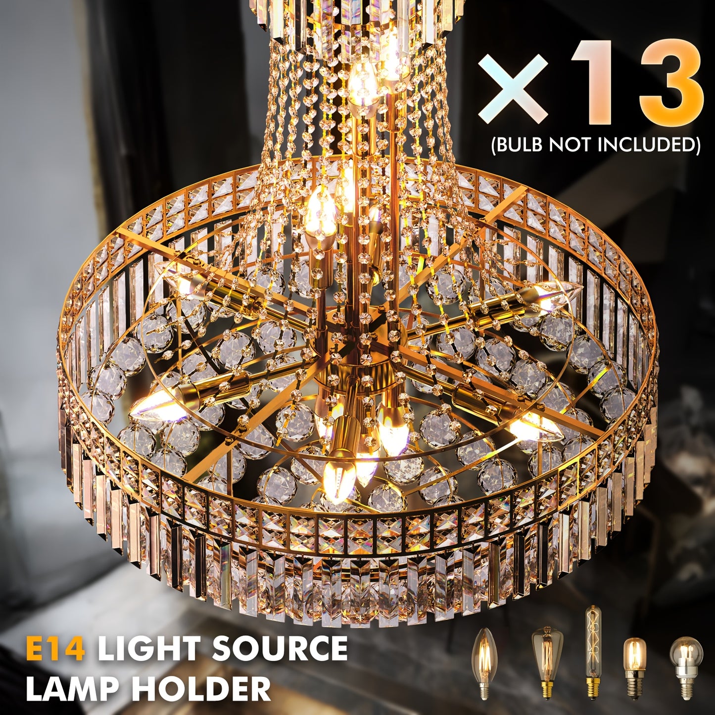Modern Crystal Chandelier Golden Empire Chandelier 13-Light Christmas K9 Crystal Ceiling Chandelier Light Fixture For Living Room Dining Room Foyer