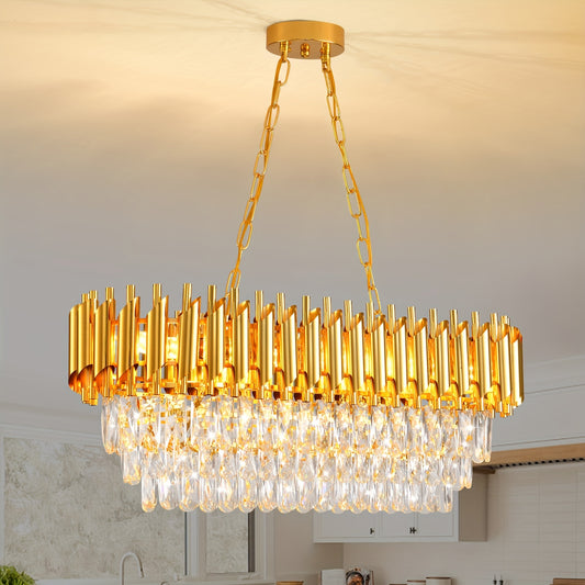 Modern Crystal Chandeliers for Dining Room 8-Light Golden Crystal Chandelier Living Room Oval Contemporary Ceiling Hanging Light Pendant Light Fixture for Kitchen Island Bar Restaurant L32in