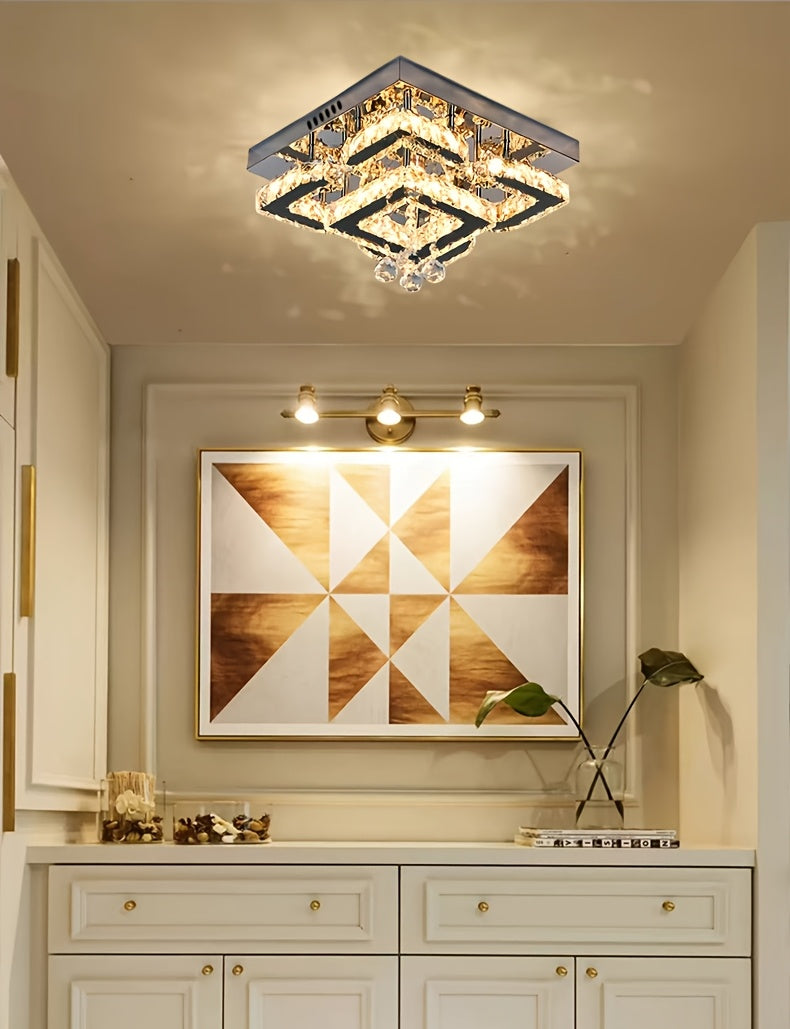 Modern Light Luxury Crystal Ceiling Lamp with a Square/Flower Shape, Featuring LED Three-Color Dimming, Suitable for Bedrooms, Living Rooms, Dining Rooms, Studies, Walk-In Closets, And Hallways. It Is Adaptable for Various In