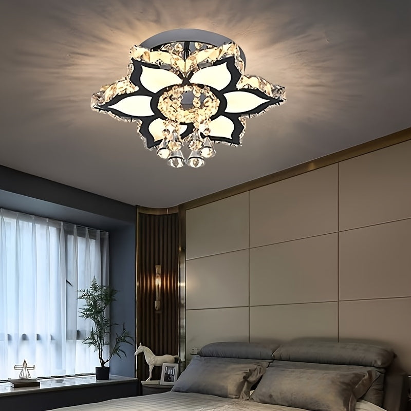 Modern Light Luxury Crystal Ceiling Lamp with a Square/Flower Shape, Featuring LED Three-Color Dimming, Suitable for Bedrooms, Living Rooms, Dining Rooms, Studies, Walk-In Closets, And Hallways. It Is Adaptable for Various In