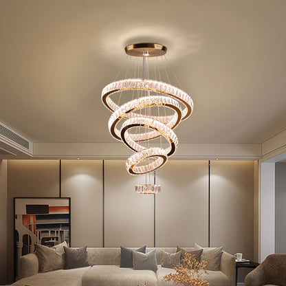 LED Luxury Large Crystal Chandelier, Modern Five Ring Chandelier With Adjustable Height Ceiling Light, Suitable For Bedrooms, Dining Rooms, And Kitchens