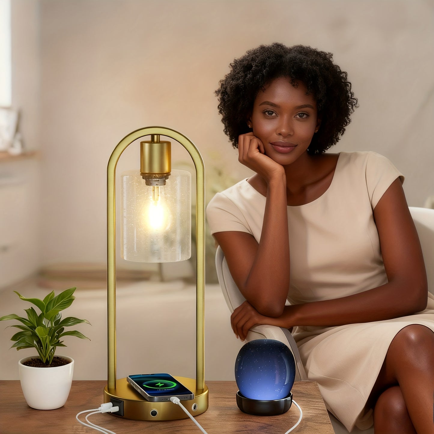 2 - Pack Modern Table Lamp With USB Charging Ports, Golden/Black Touch Control Bedside Lamp(Wireless Charging Is Not Included), Industrial - Style Table Lamp With Water Drop Glass Shade, Perfect For Bedroom, Living Room, Offi