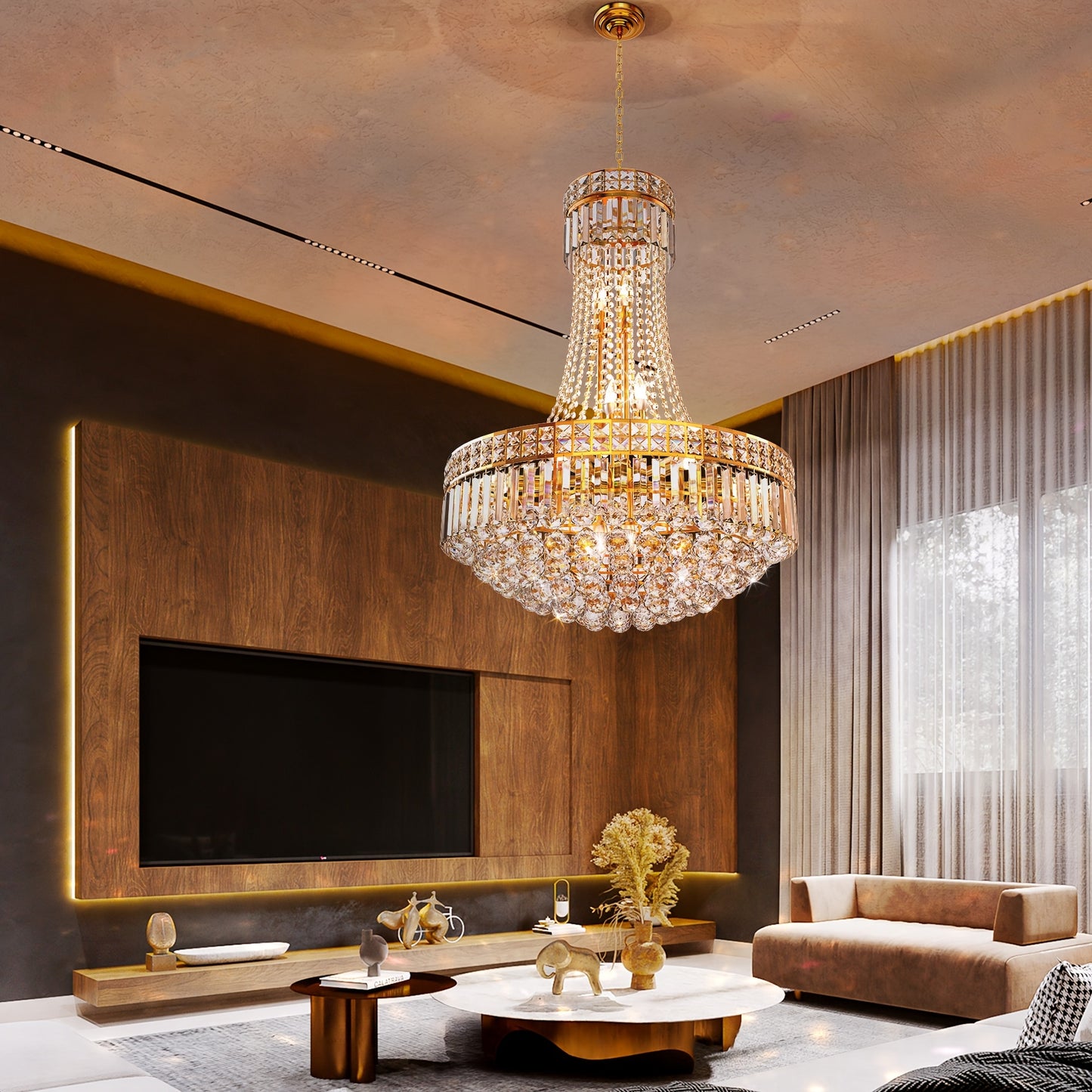 Modern Crystal Chandelier Golden Empire Chandelier 13-Light Christmas K9 Crystal Ceiling Chandelier Light Fixture For Living Room Dining Room Foyer