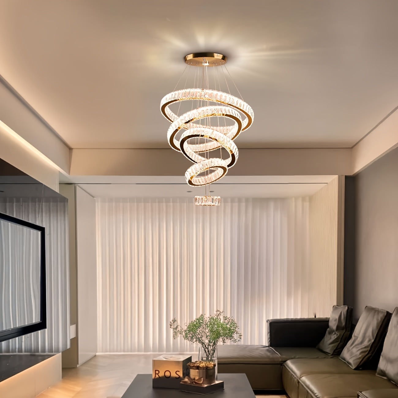 LED Luxury Large Crystal Chandelier, Modern Five Ring Chandelier With Adjustable Height Ceiling Light, Suitable For Bedrooms, Dining Rooms, And Kitchens