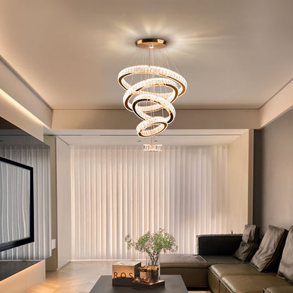 LED Luxury Large Crystal Chandelier, Modern Five Ring Chandelier With Adjustable Height Ceiling Light, Suitable For Bedrooms, Dining Rooms, And Kitchens
