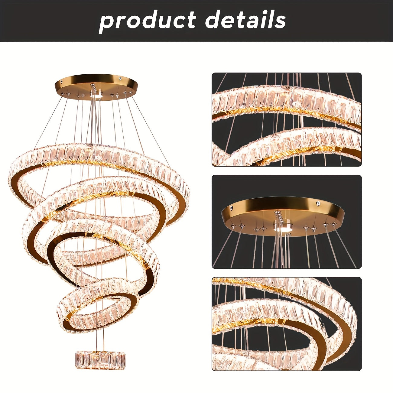 LED Luxury Large Crystal Chandelier, Modern Five Ring Chandelier With Adjustable Height Ceiling Light, Suitable For Bedrooms, Dining Rooms, And Kitchens