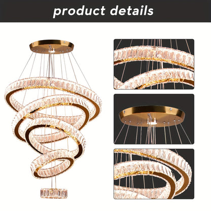LED Luxury Large Crystal Chandelier, Modern Five Ring Chandelier With Adjustable Height Ceiling Light, Suitable For Bedrooms, Dining Rooms, And Kitchens