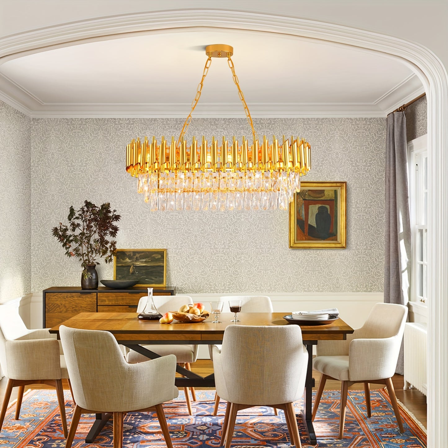 Modern Crystal Chandeliers for Dining Room 8-Light Golden Crystal Chandelier Living Room Oval Contemporary Ceiling Hanging Light Pendant Light Fixture for Kitchen Island Bar Restaurant L32in