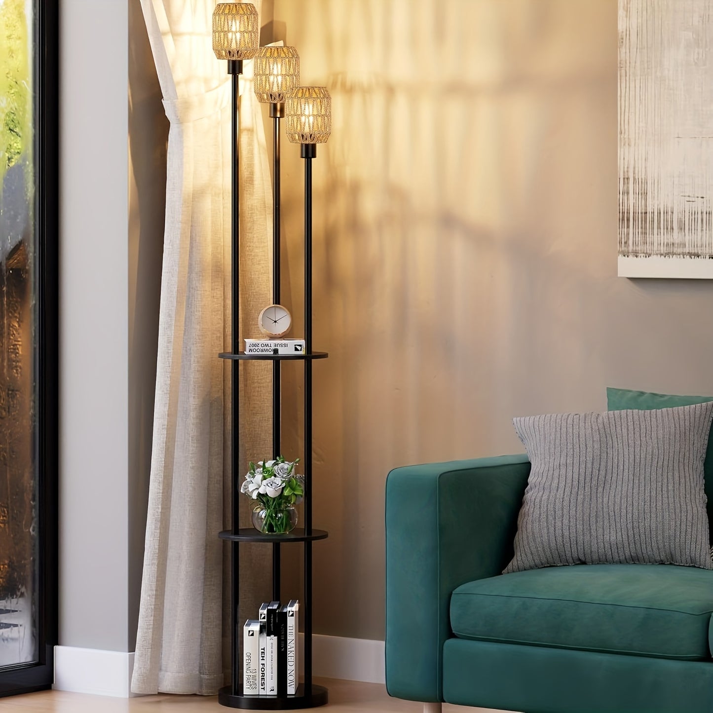 70" Boho Floor Lamp, Dimmable Rattan Floor Lamp with Shelves, 3 Lights Rustic Tall Lamps with Rotary Switch, Farmhouse Standing Lamps for Living Room, Bedroom, Office (Includes 3 Bulbs)