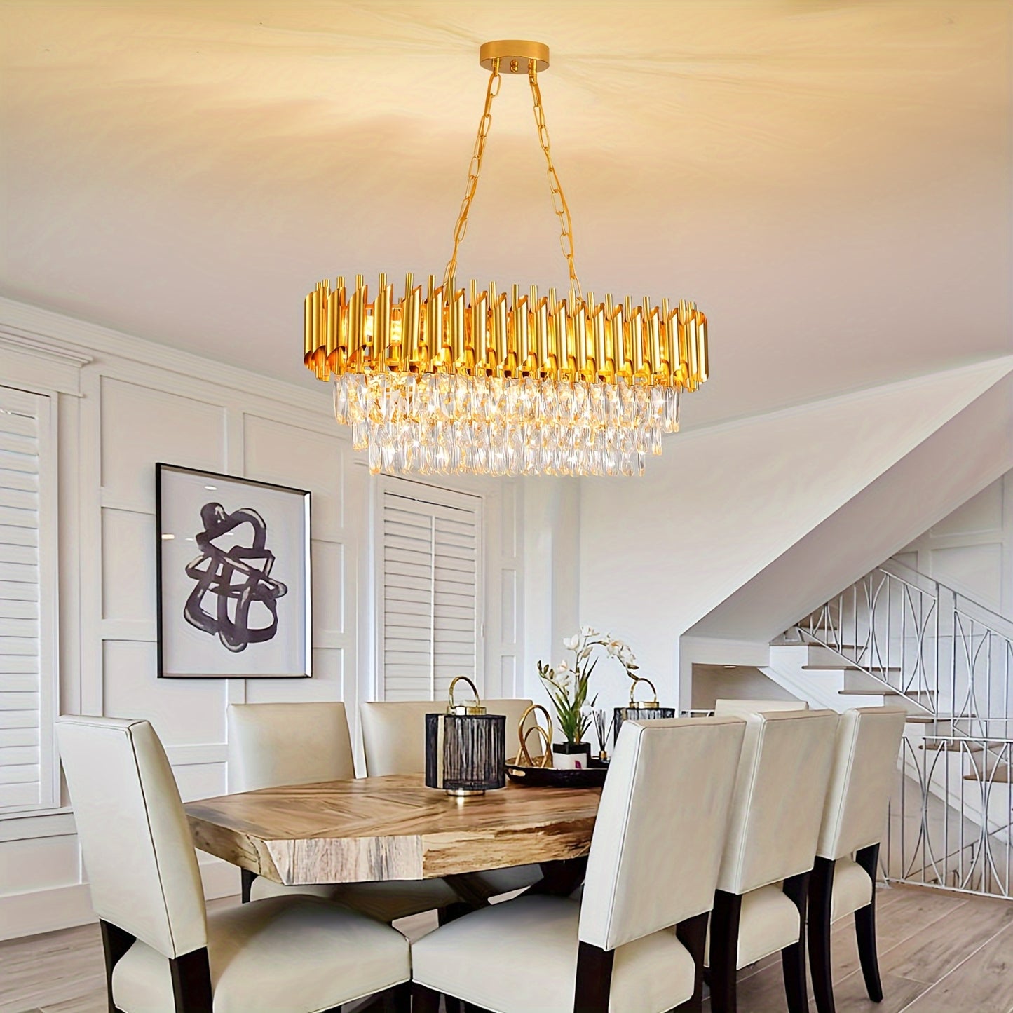 Modern Crystal Chandeliers for Dining Room 8-Light Golden Crystal Chandelier Living Room Oval Contemporary Ceiling Hanging Light Pendant Light Fixture for Kitchen Island Bar Restaurant L32in