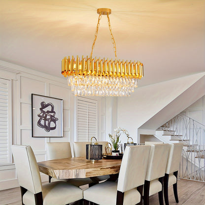 Modern Crystal Chandeliers for Dining Room 8-Light Golden Crystal Chandelier Living Room Oval Contemporary Ceiling Hanging Light Pendant Light Fixture for Kitchen Island Bar Restaurant L32in