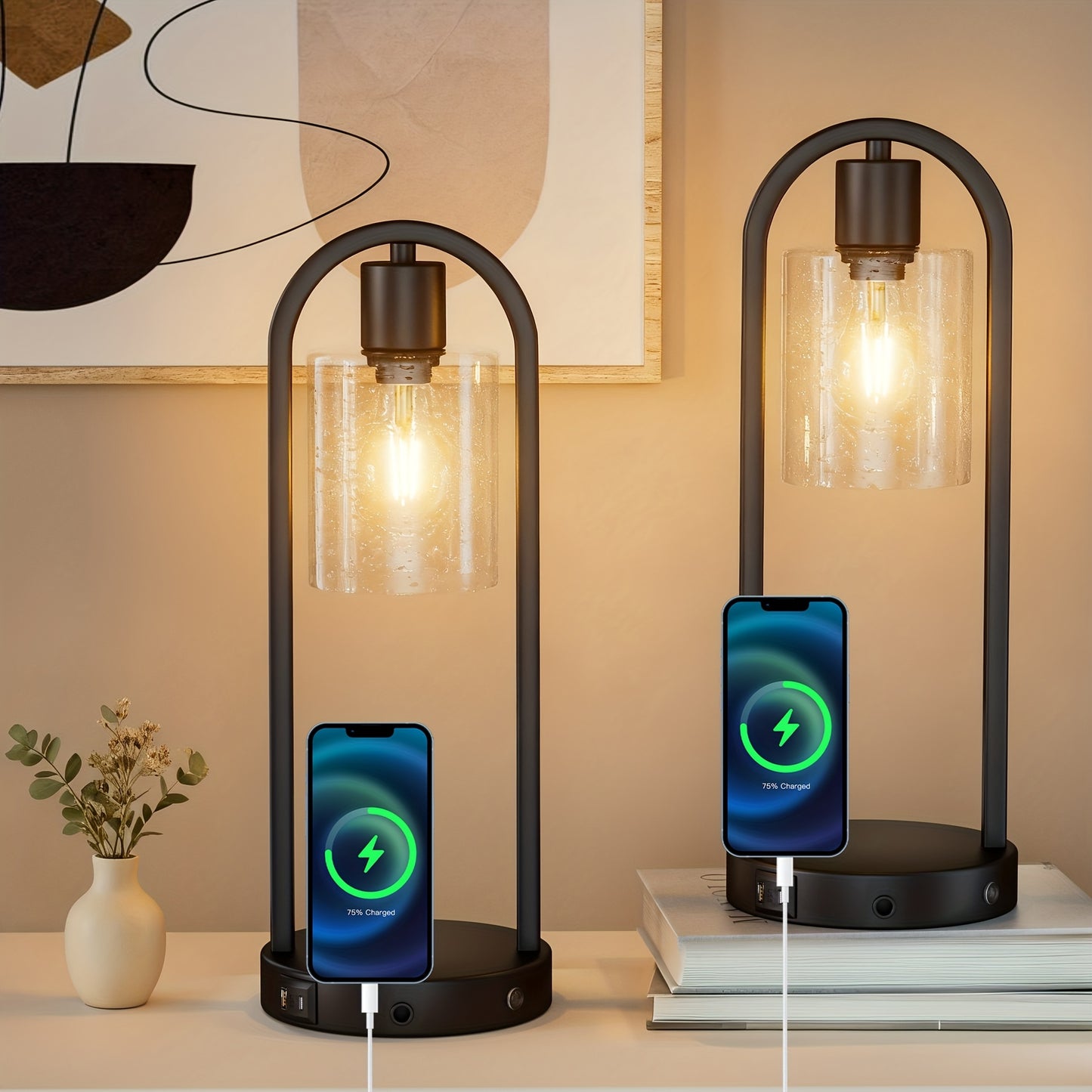 2 - Pack Modern Table Lamp With USB Charging Ports, Golden/Black Touch Control Bedside Lamp(Wireless Charging Is Not Included), Industrial - Style Table Lamp With Water Drop Glass Shade, Perfect For Bedroom, Living Room, Offi